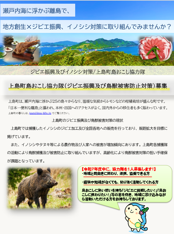 上島町島おこし協力隊（ジビエ振興及び鳥獣被害防止対策）のイメージ画像