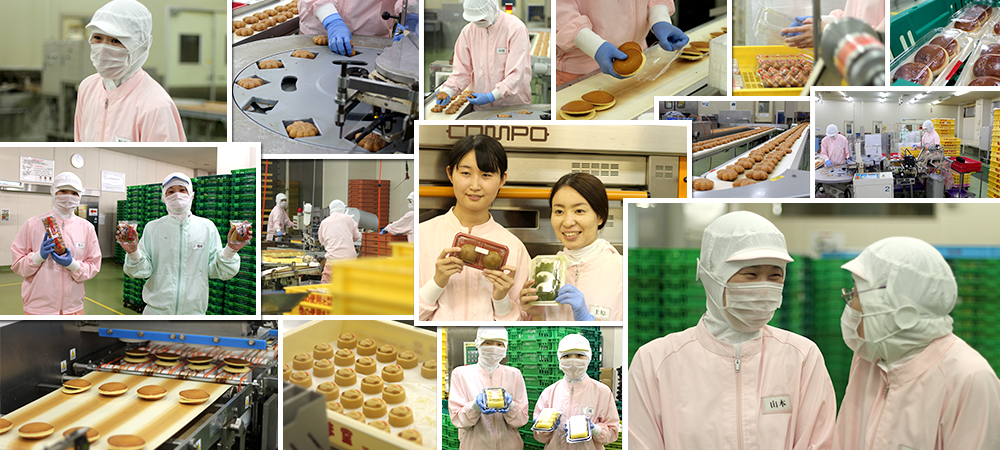 和菓子製造の様子、商品を持つスタッフの方々、製造風景